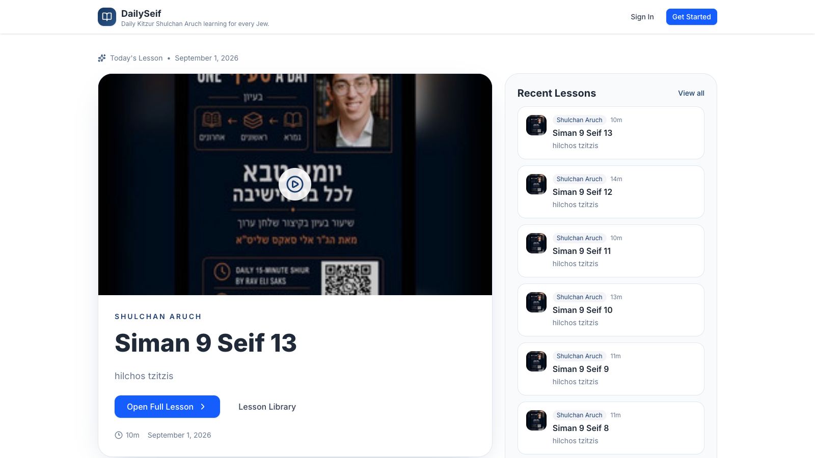 DailySeif homepage — today's lesson with video player and recent lessons list