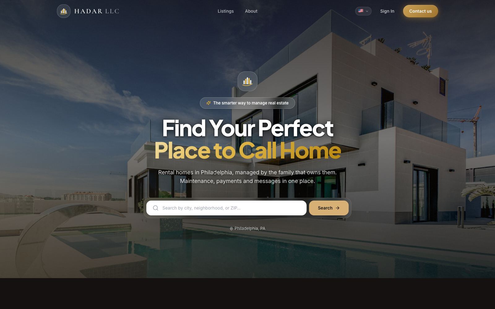 Hadar homepage — property search for Philadelphia rentals, with owner and tenant sign-in