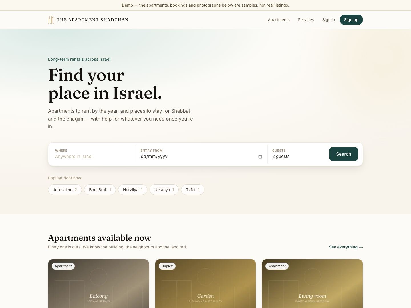 Apartment Shadchan — apartment search for Israel with city shortcuts and listings